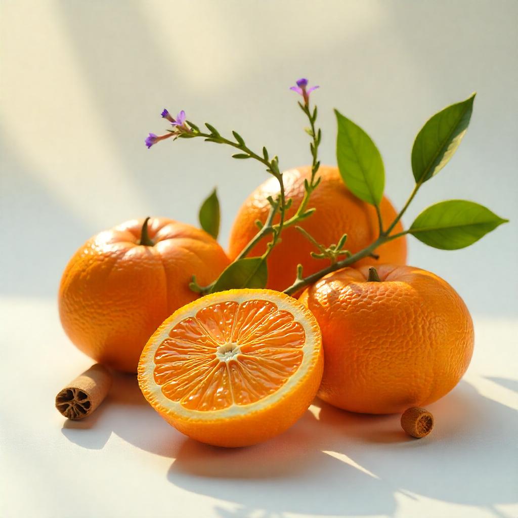 Naranjas y sándalo representando las notas olfativas del perfume.