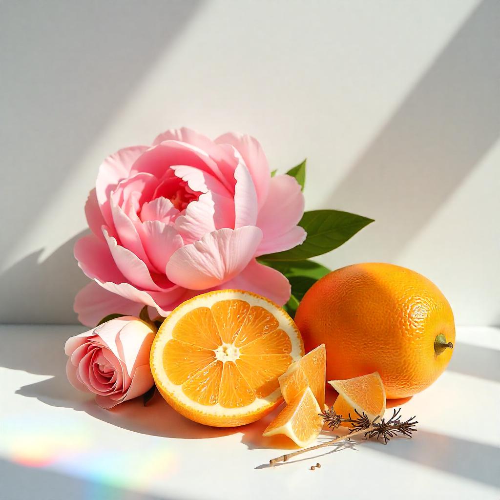 Una rosa y una peonia con mandarinas alrededor representando las notas olfativas del perfume.