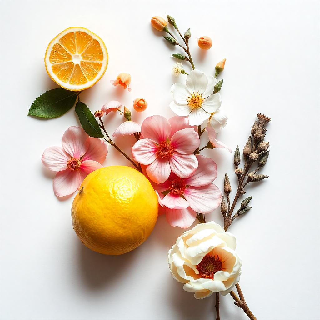 Flores de azahar y peonía rodeadas de naranjas representando las notas olfativas del perfume.