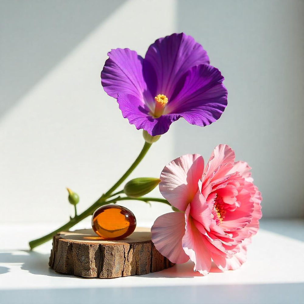 Flor de azahar del naranjo y un clavel sobre un trozo de madera representando las notas olfativas del perfume.