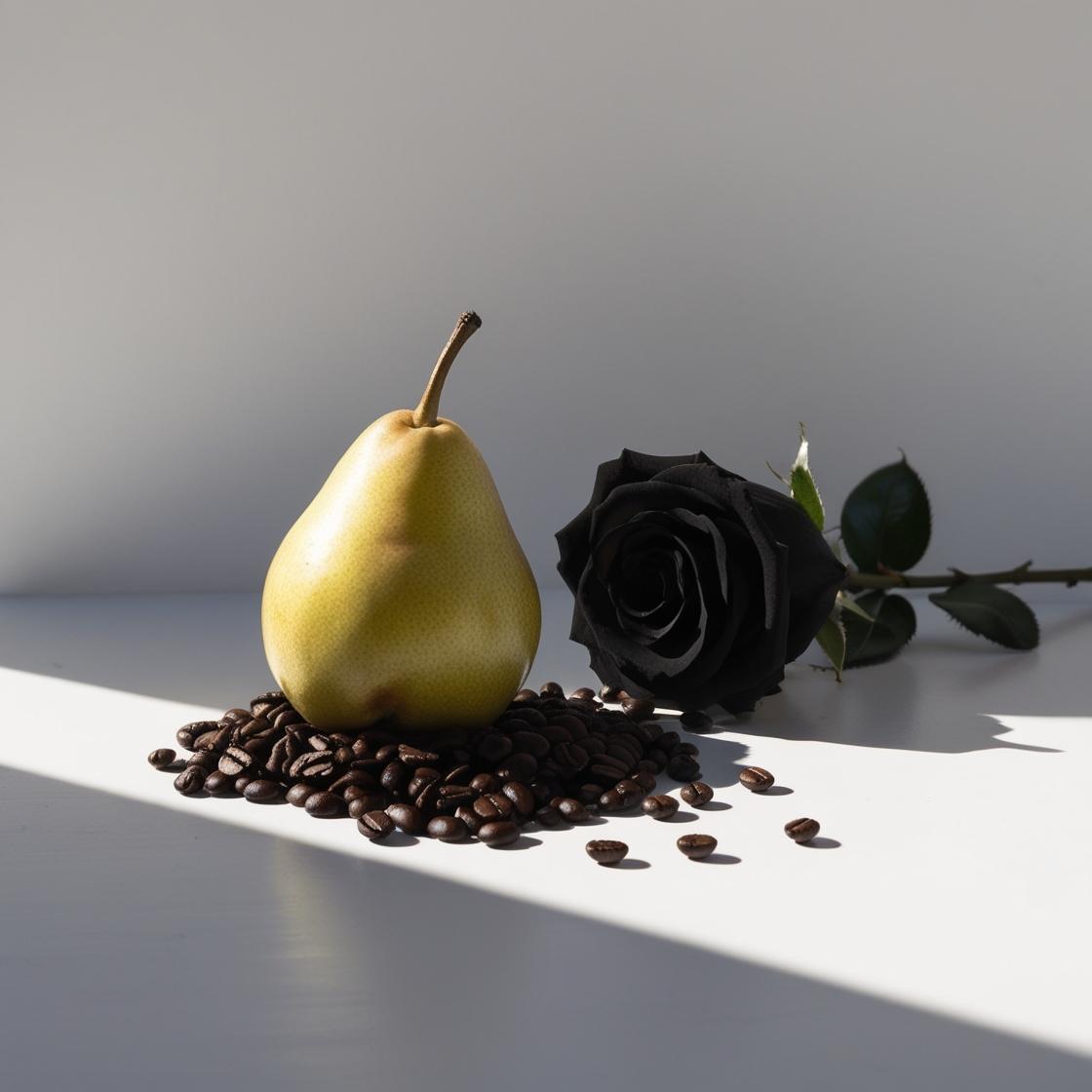 Una rosa negra y una pera sobre granos de café representando las notas olfativas del perfume.