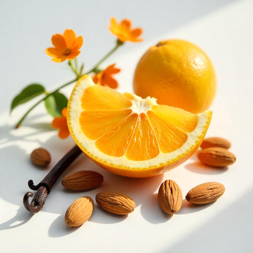 Naranja, rosa de Grasse y almendras representando las notas olfativas del perfume.