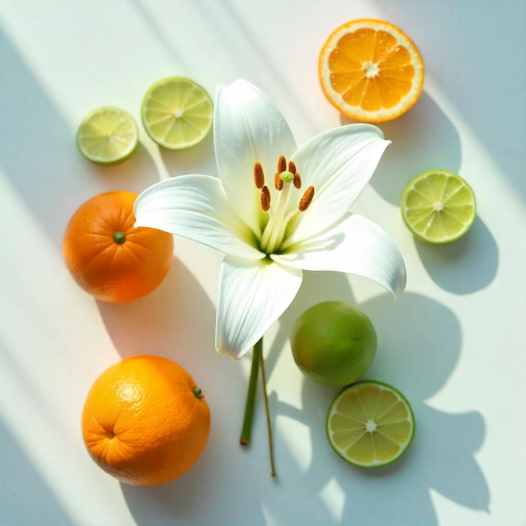 Naranjas, lima y una flor de azucena representando las notas olfativas del perfume.