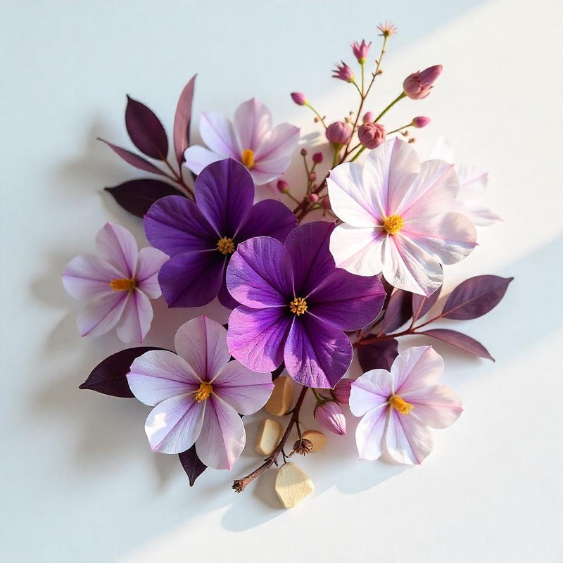 Ramo de flores de violetas y gardenias representando las notas olfativas del perfume.