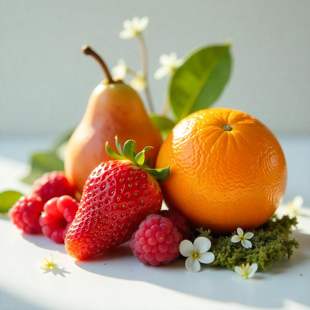 Una pera, una naranja, una fresa y frambuesas sobre musgo representando las notas olfativas del perfume.