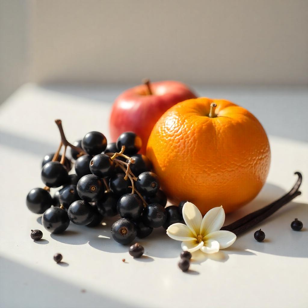 Manzana, naranja y grosellas negras representando las notas olfativas del perfume.