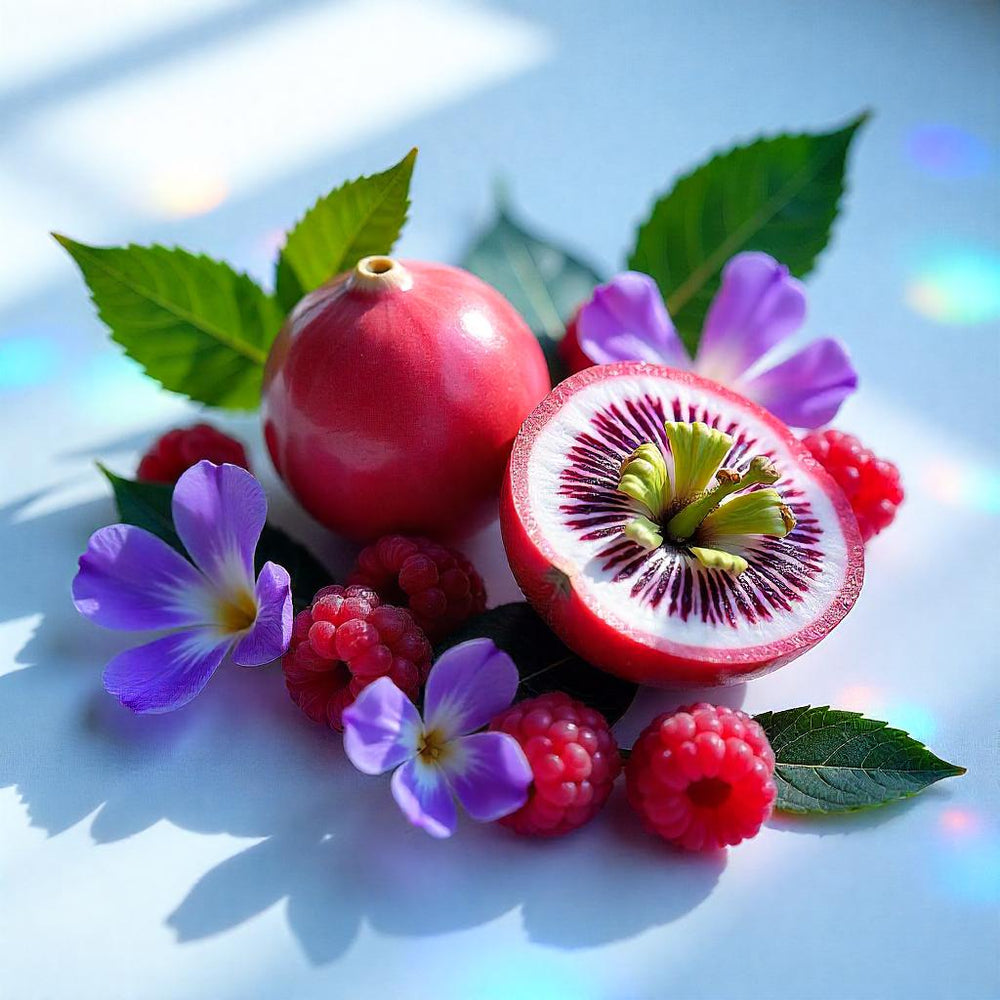 Maracuyá, frambuesas y hojas de violeta representando las notas olfativas del perfume.