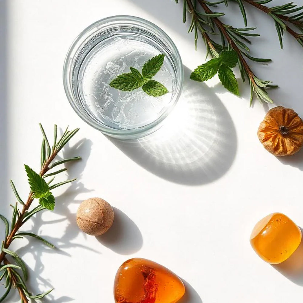 Vaso con agua y menta rodeado hoja de cedro representando las notas olfativas del perfume.