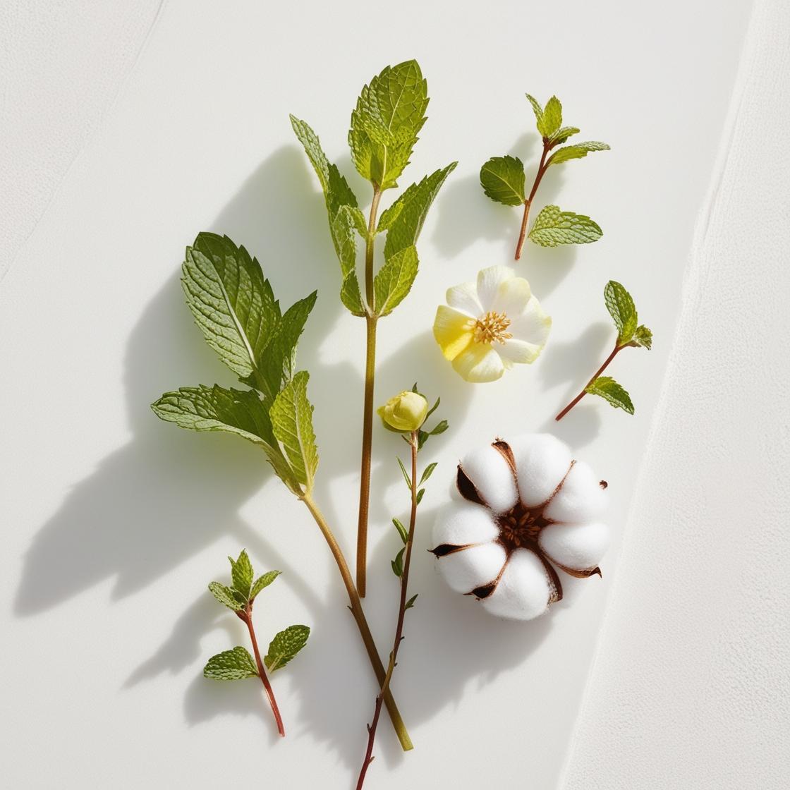 Hojas de menta y flor del algodonero representando las notas olfativas del perfume.