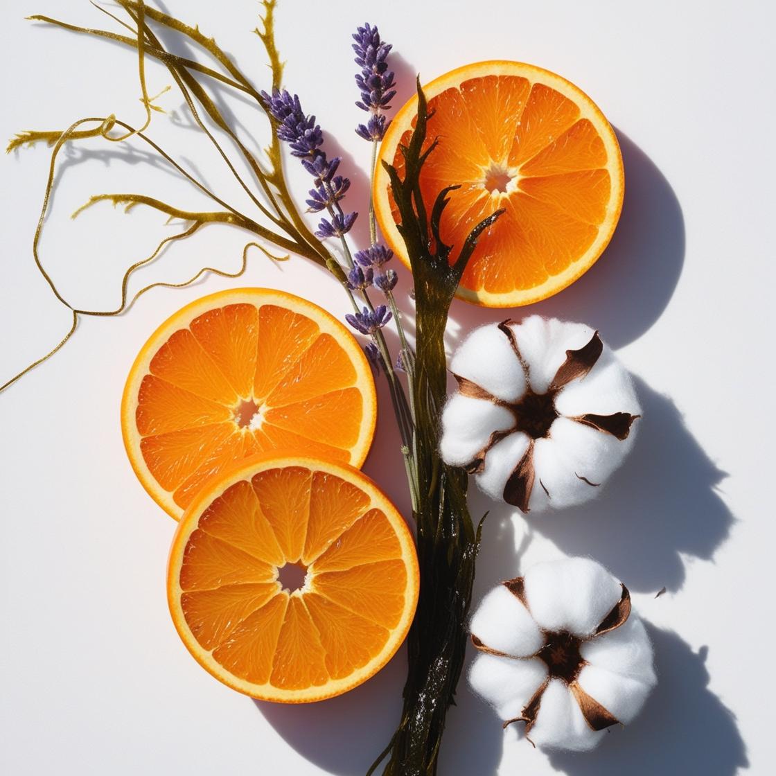 Naranja, flor del algodonero y lavanda representando las notas olfativas del perfume.