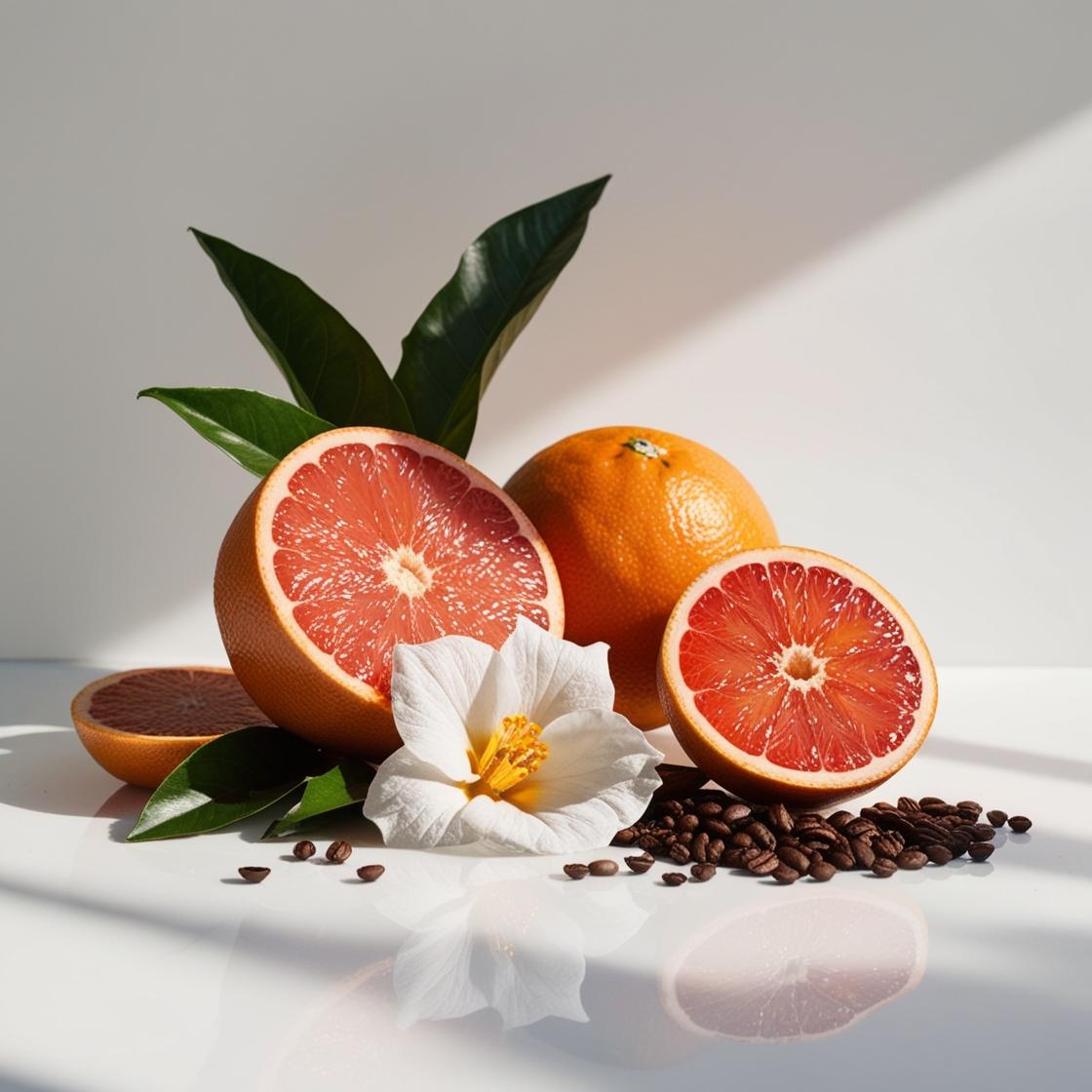 Naranja, pomelo, flor de cuaba blanca y granos de café representando las notas olfativas del perfume.