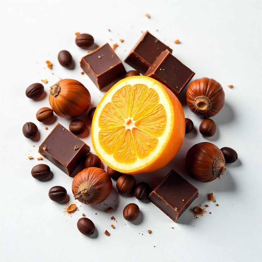 Naranja, chocolate, avellana y granos de café representando las notas olfativas del perfume.