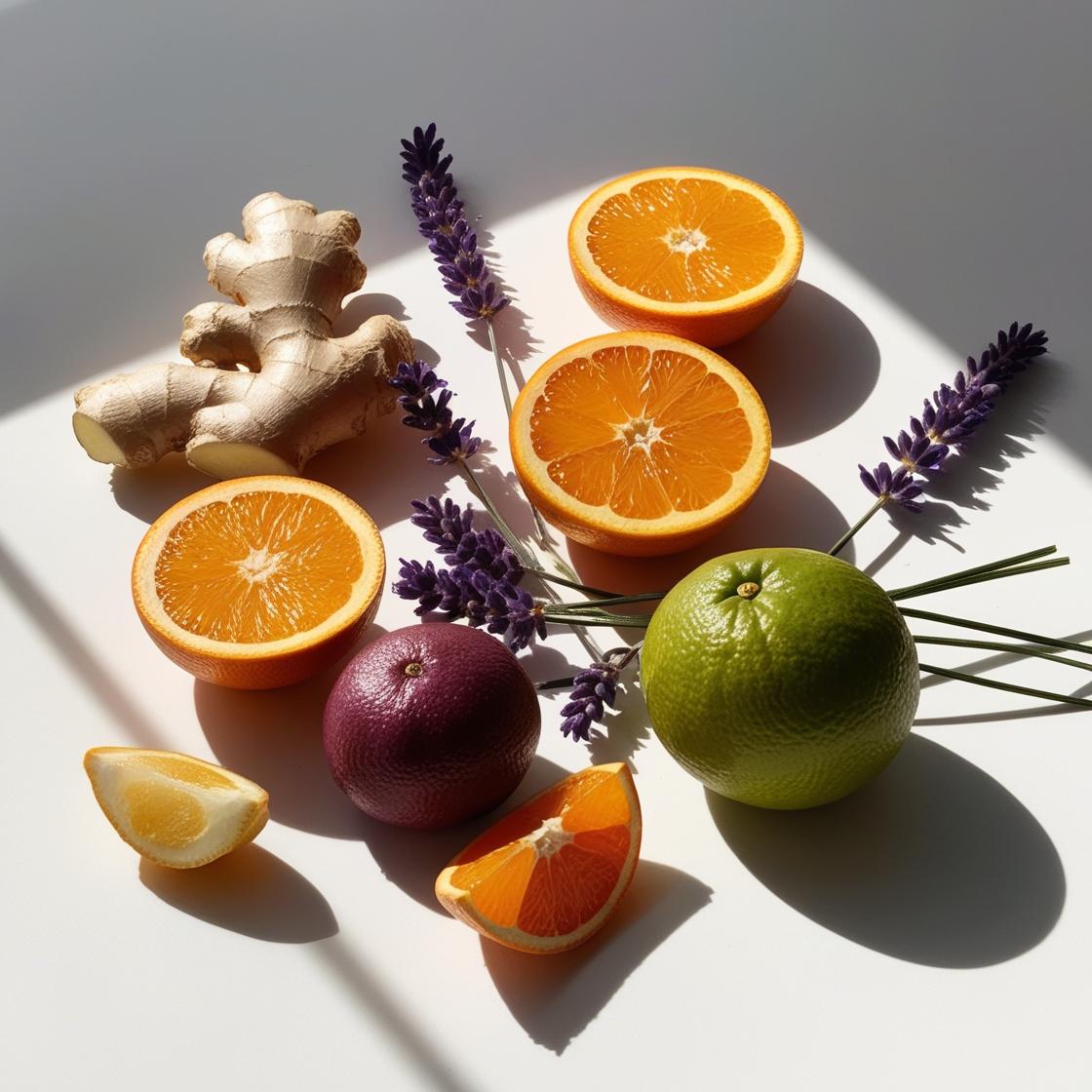 Mandarina, jengibre y lavanda representando las notas olfativas del perfume.