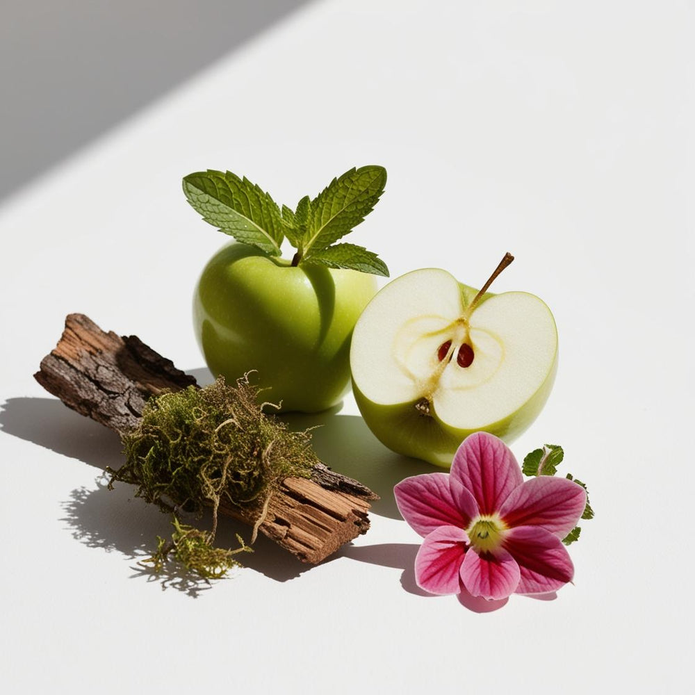 Manzana verde, musgo y cedro representando las notas olfativas del perfume.