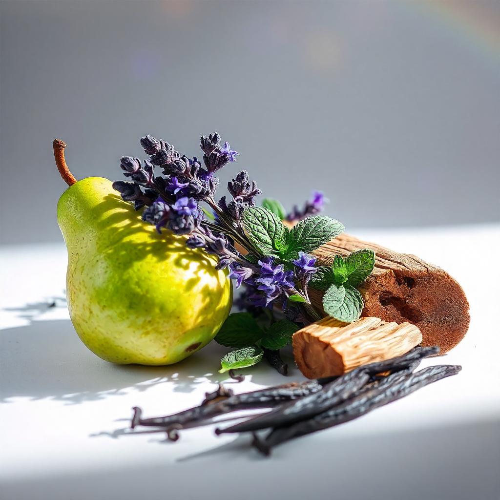 Pera, lavanda, menta, vainilla y cedro representando las notas olfativas del perfume.