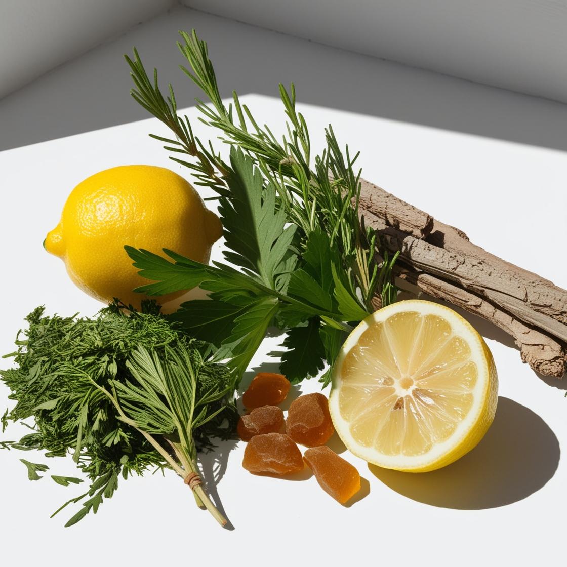 Limón, cilantro, benjuí y cedro representando las notas olfativas del perfume.