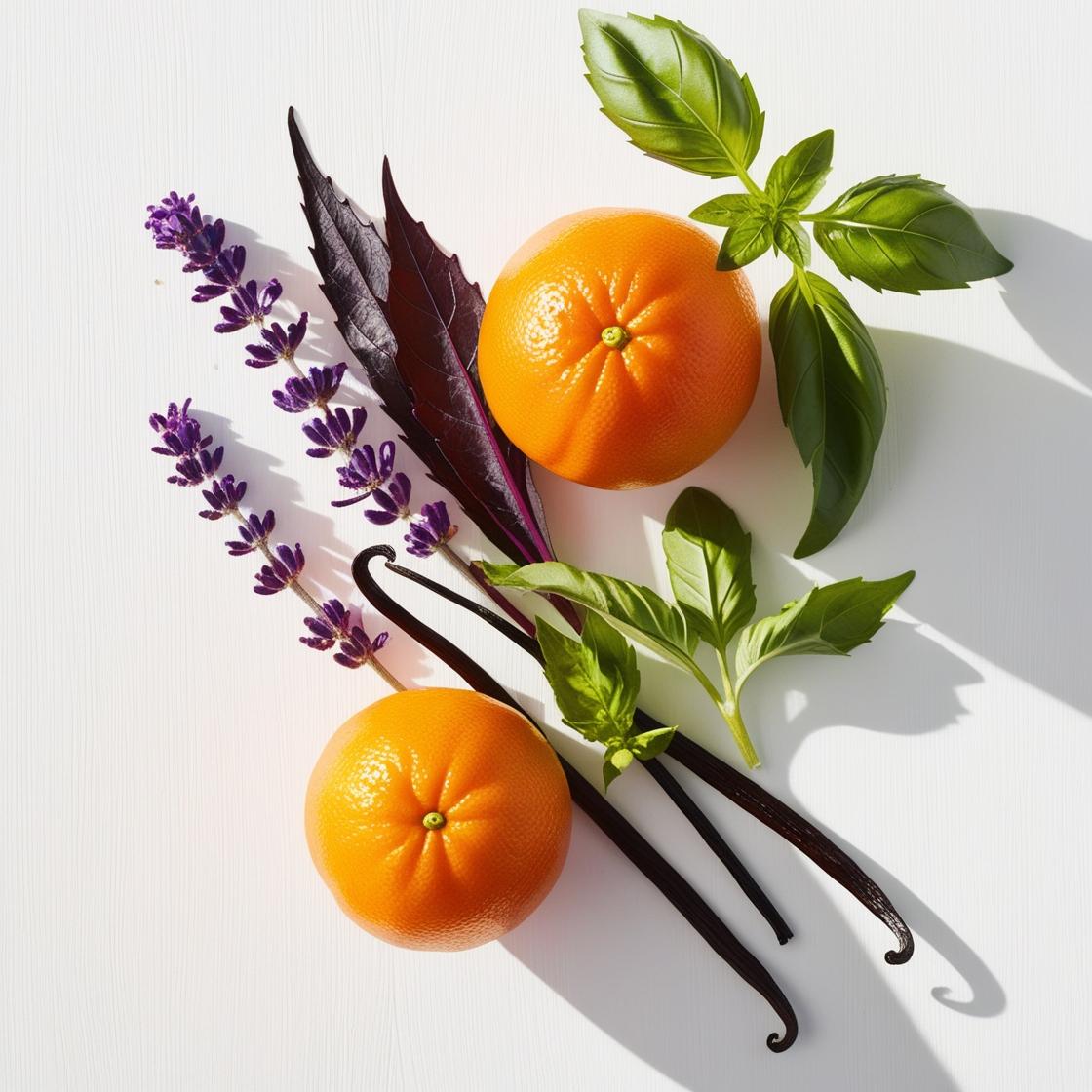 Mandarina, albahaca y lavanda representando las notas olfativas del perfume.