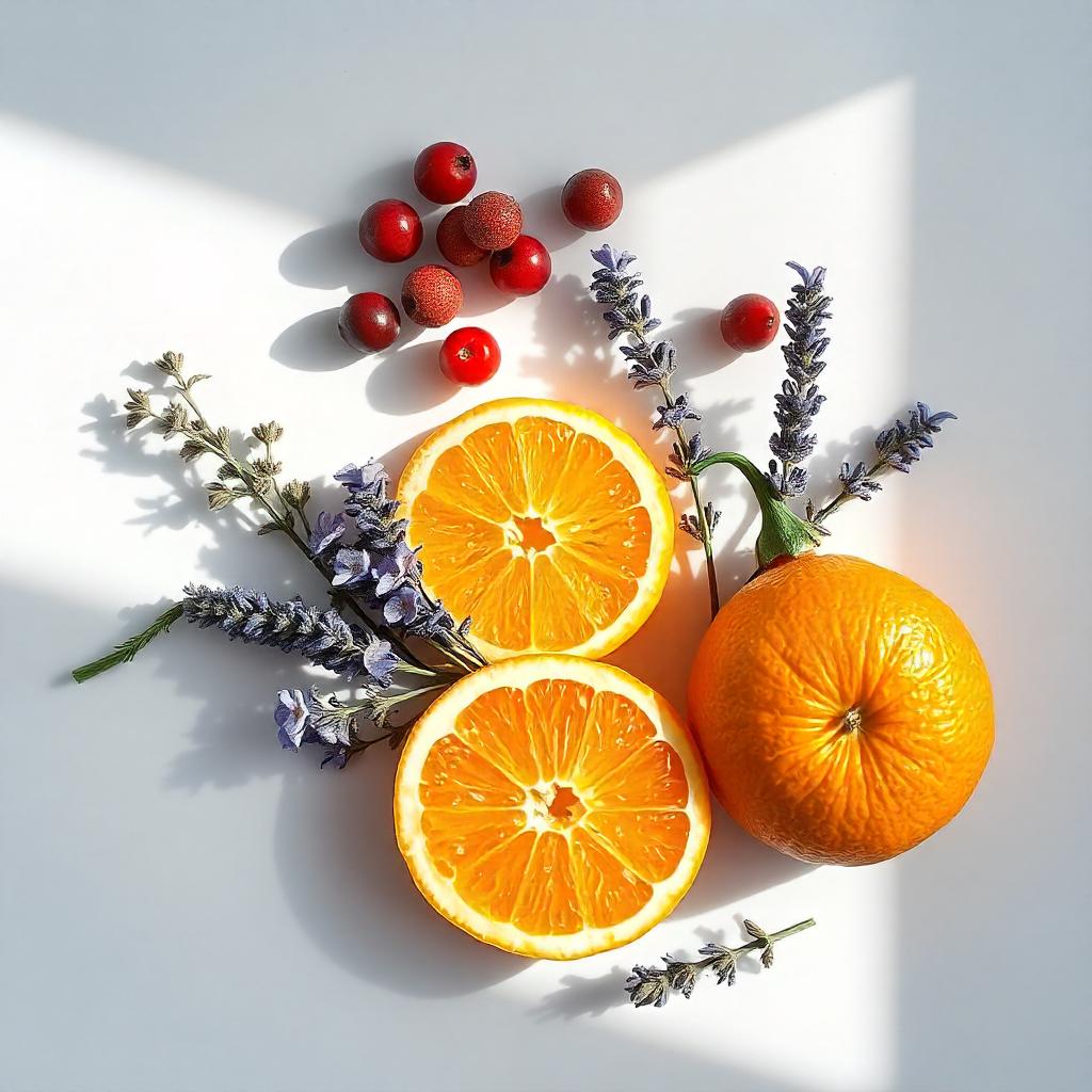 Naranja, lavanda y bayas de enebro representando las notas olfativas del perfume.