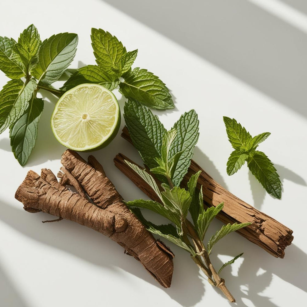 Lima, menta y cedro representando las notas olfativas del perfume.