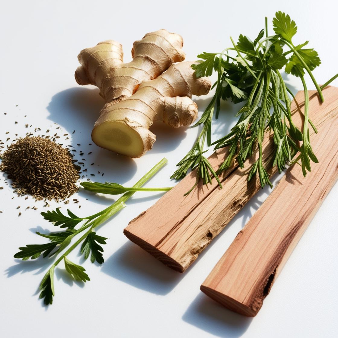 Jengibre, cilantro y cedro representando las notas olfativas del perfume.