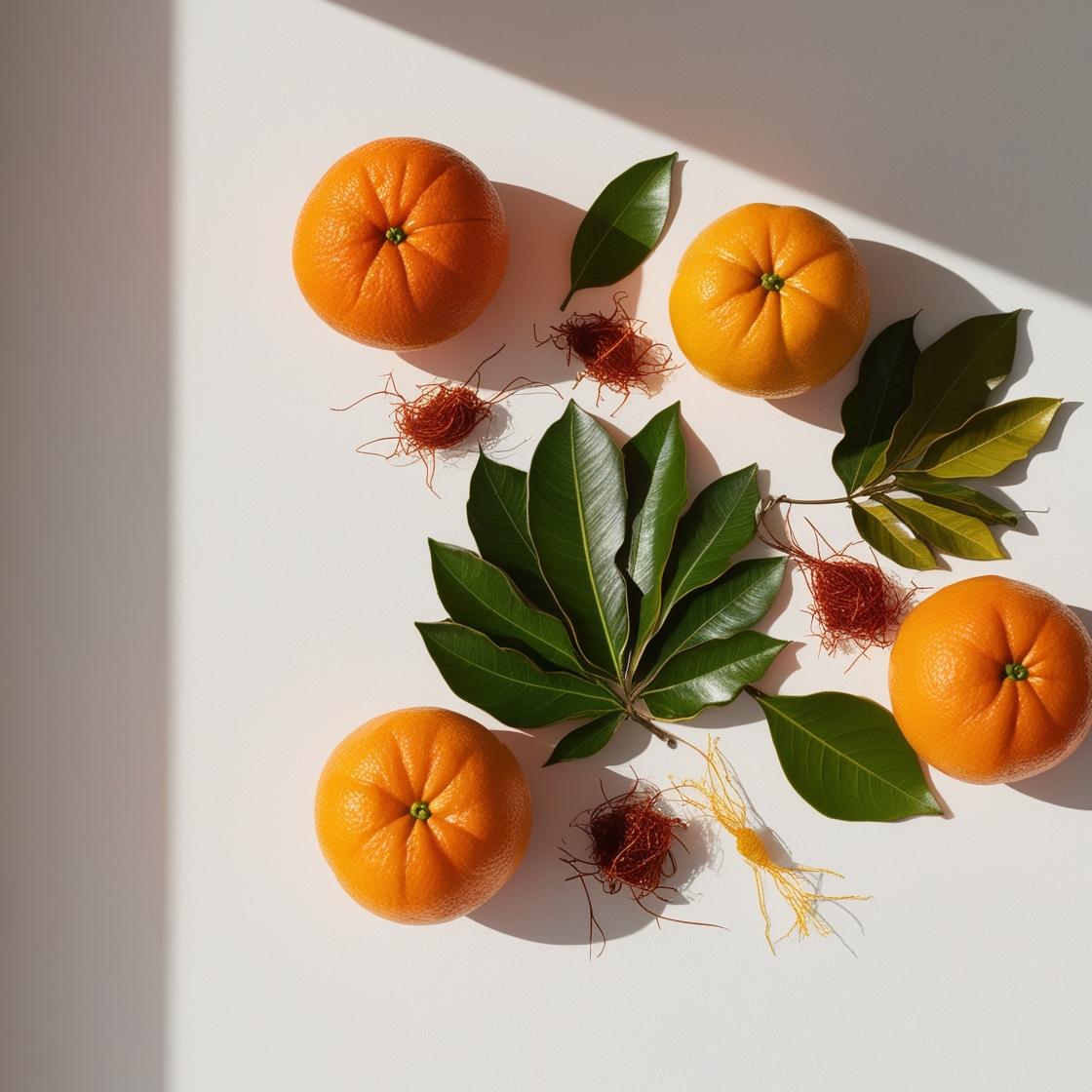 Naranja, coco y bergamota representando las notas olfativas del perfume.