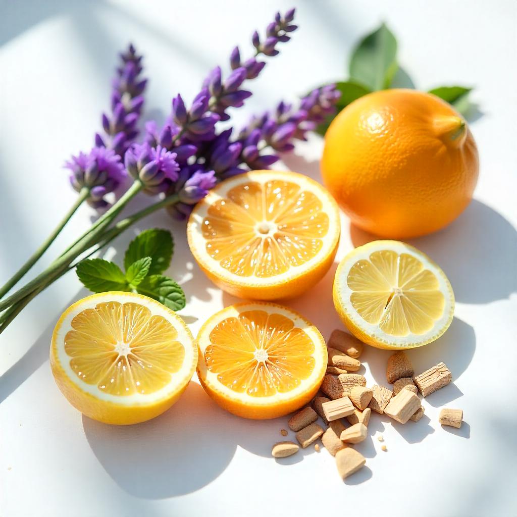 Mandarina, menta, limón y lavanda representando las notas olfativas del perfume.