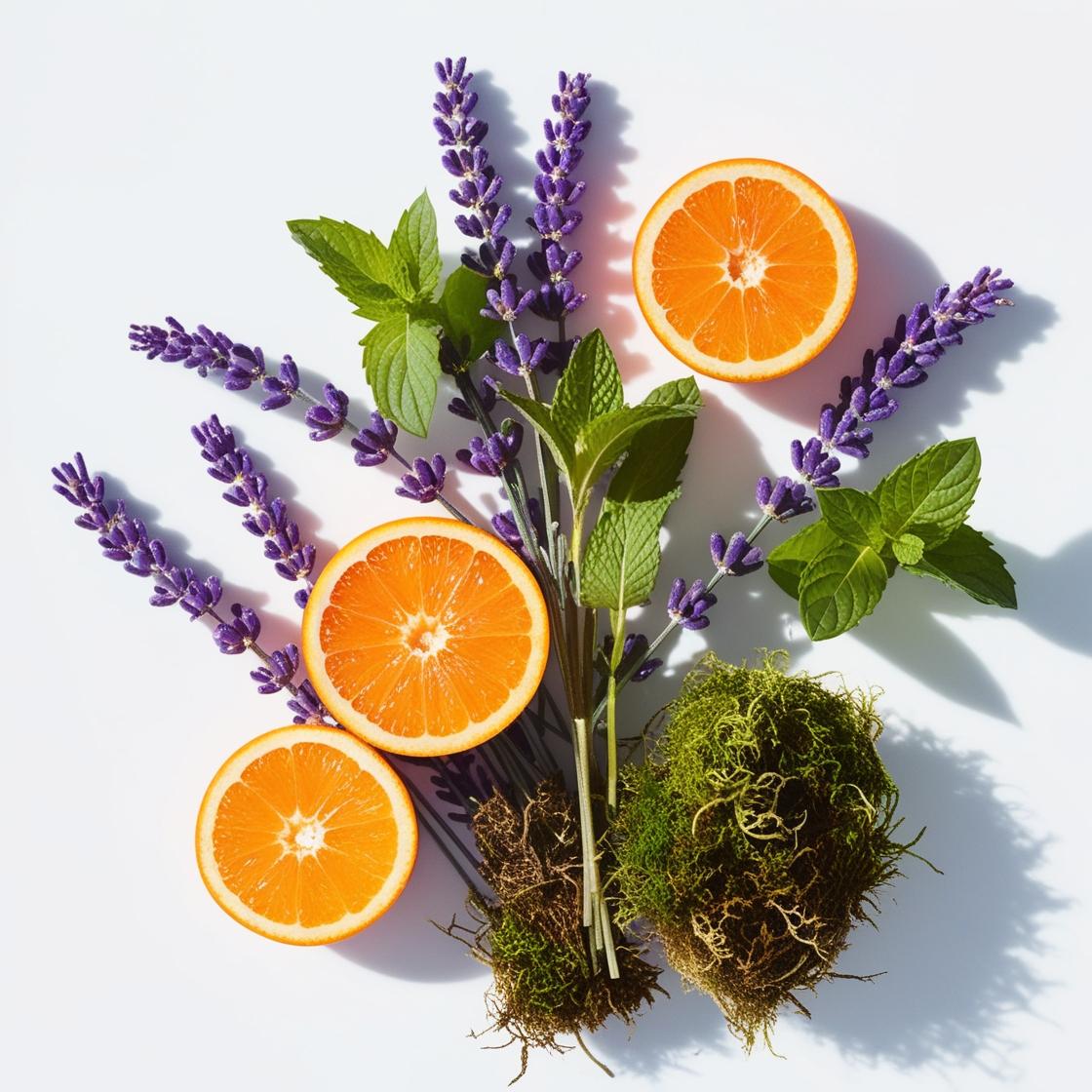 Mandarina, menta, lavanda y musgo representando las notas olfativas del perfume.