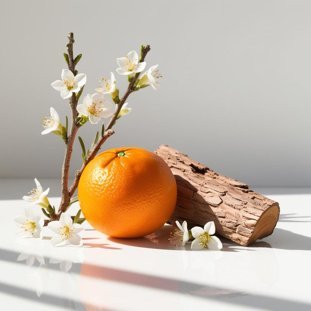 Mandarina y cedro representando las notas olfativas del perfume. 