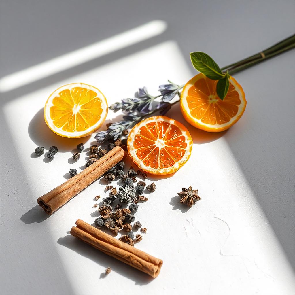 Cítricos, canela y pimienta negra representando las notas olfativas del perfume.