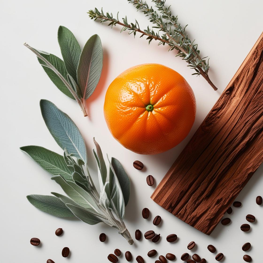 Mandarina, madera y granos de café representando las notas olfativas del perfume.