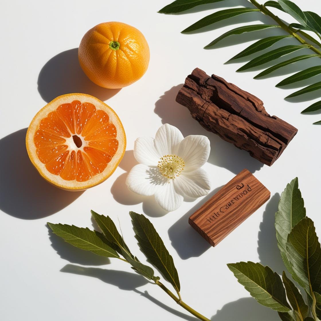 Naranja, madera y flor de cuaba blanca representando las notas olfativas del perfume.