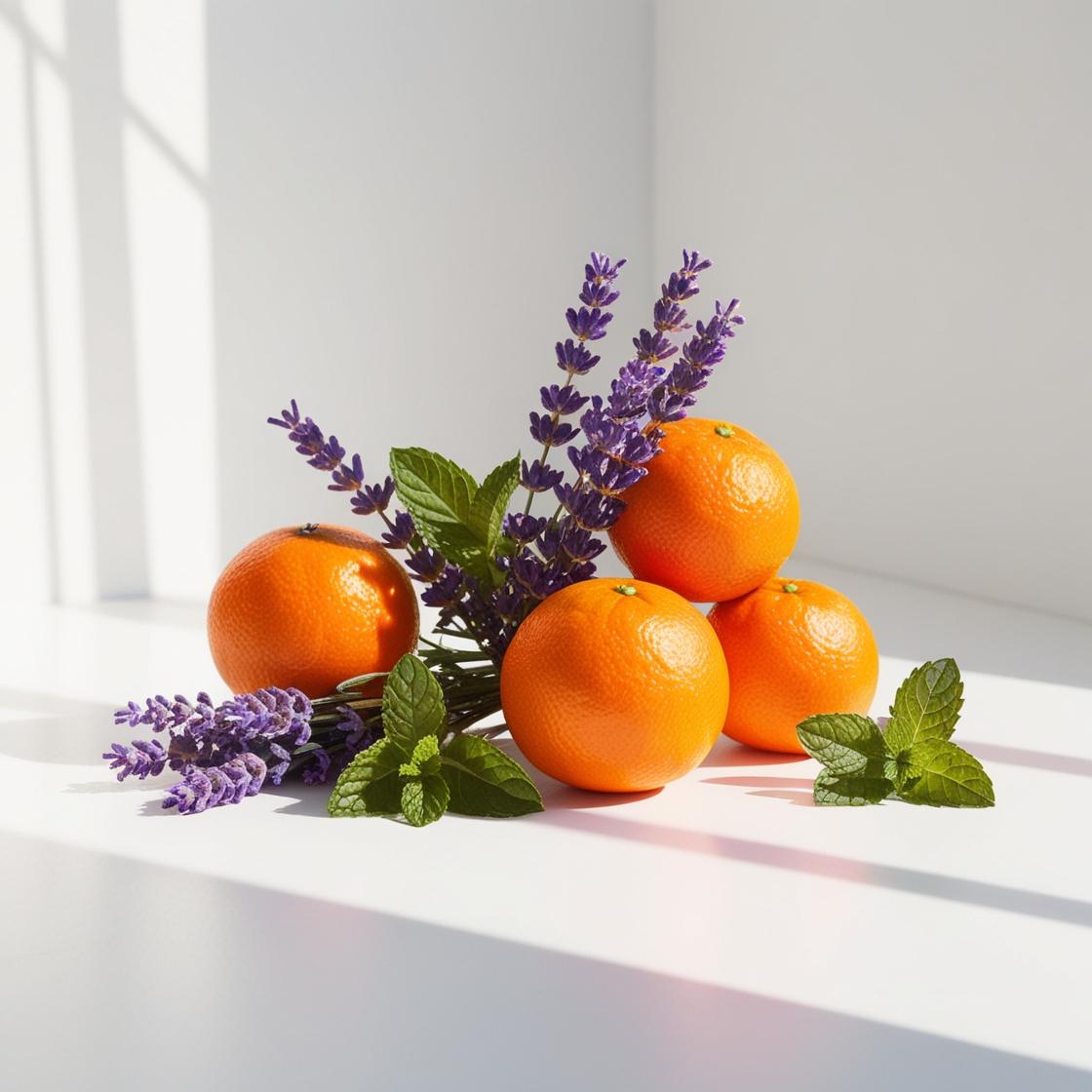 Naranja, lavanda y menta representando las notas olfativas del perfume.