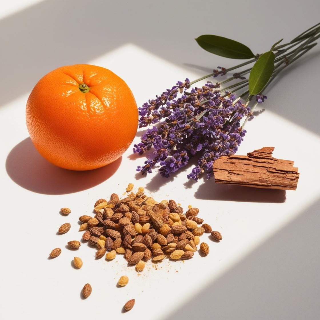 Mandarina, lavanda, nuez moscada y cedro representando las notas olfativas del perfume.