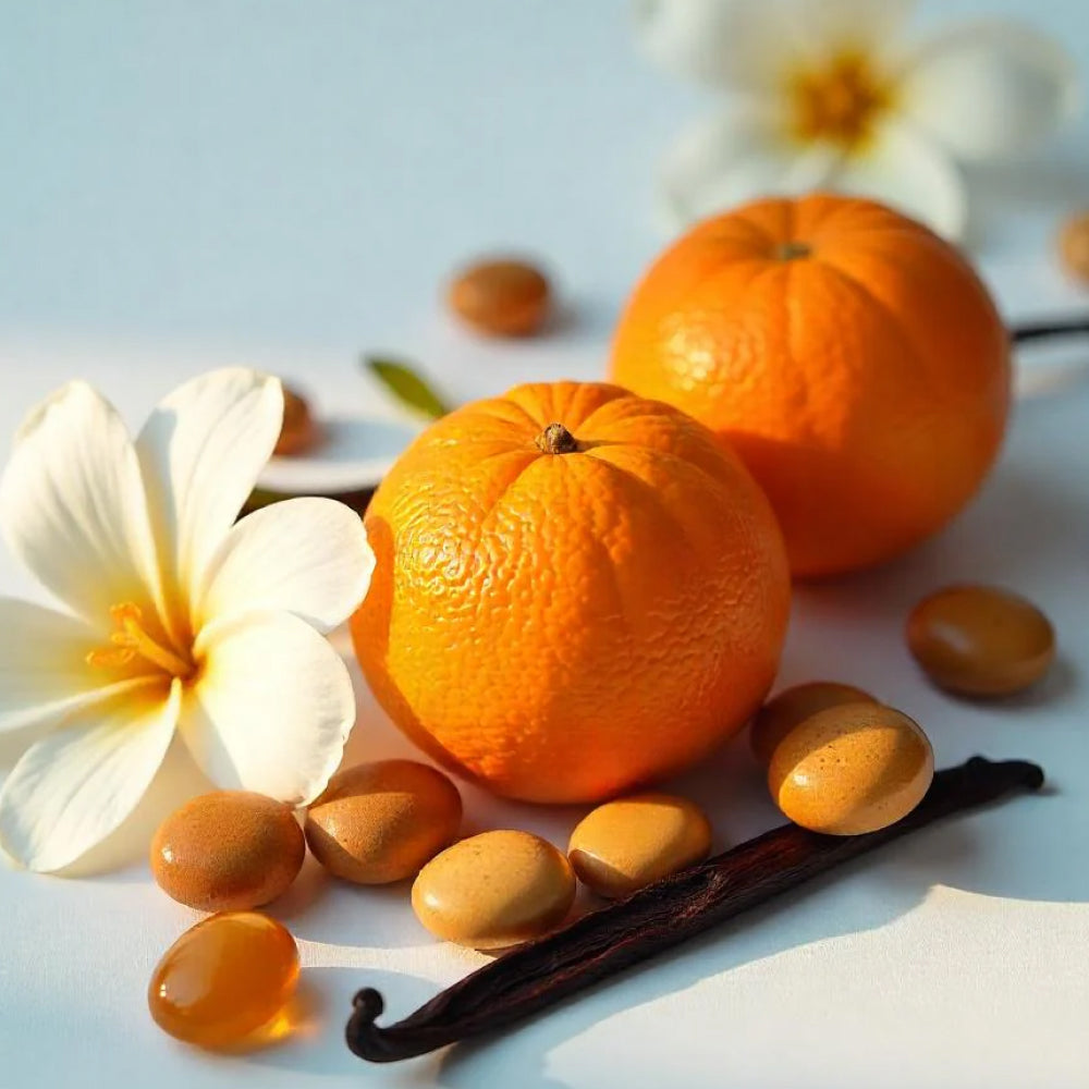 Mandarina, jazmín, ámbar y vainilla representando las notas olfativas del perfume.