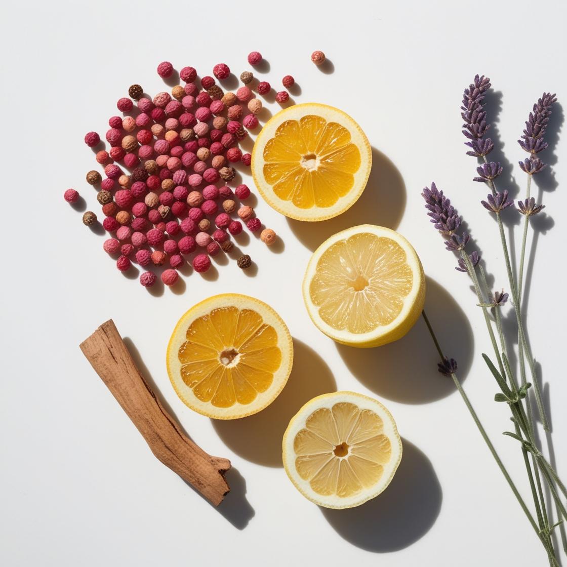 Limón, lavanda y pimienta rosa representando las notas olfativas del perfume.