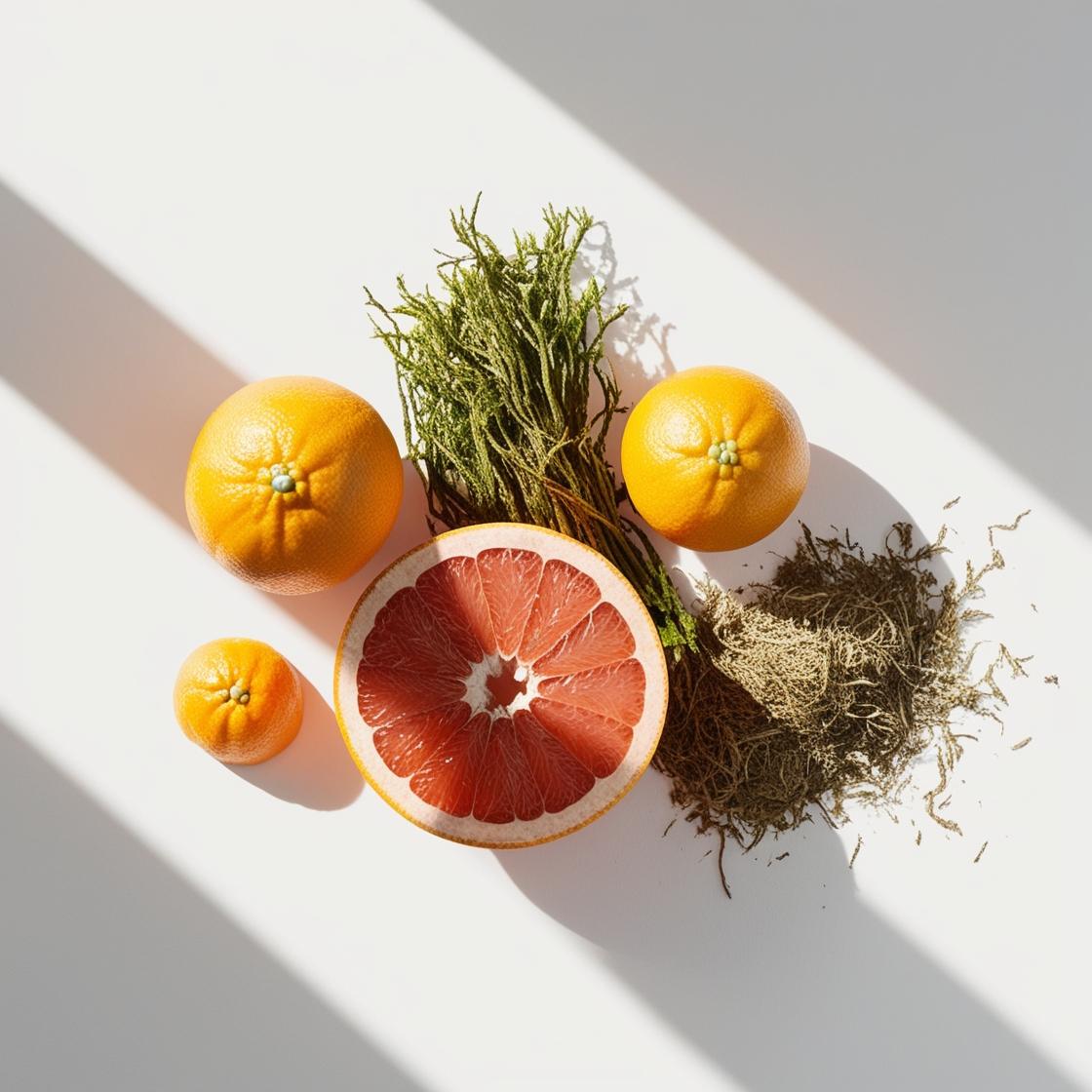 Pomelo, salvia y musgo representando las notas olfativas del perfume.