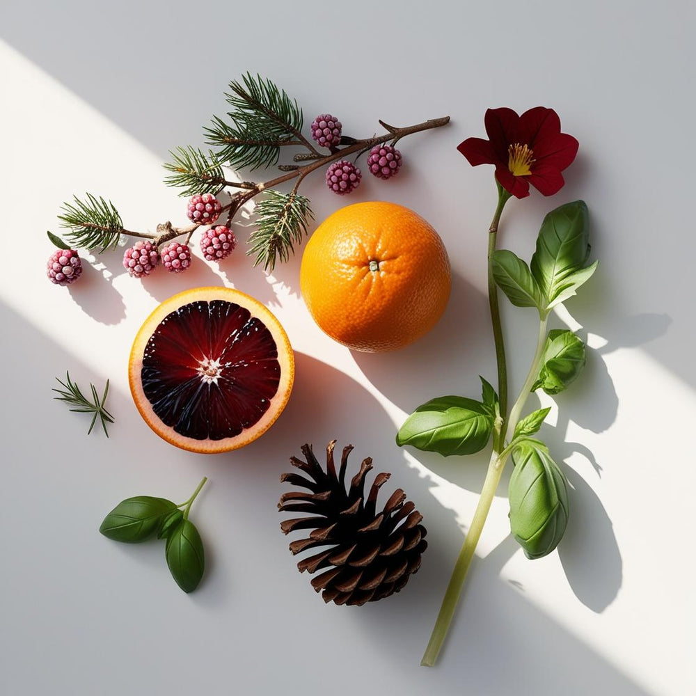 Naranja, piña, geranio y albahaca representando las notas olfativas del perfume.