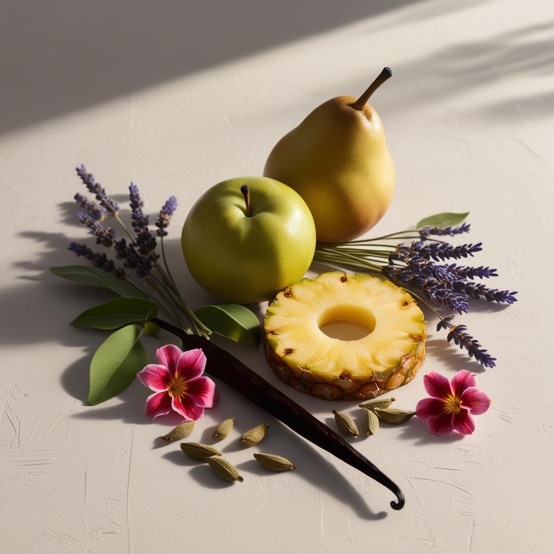 Pera, piña, lavanda y vainilla representando las notas olfativas del perfume.