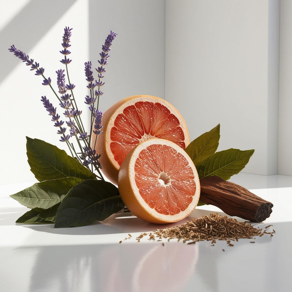 Pomelo, lavanda y madera representando las notas olfativas del perfume.