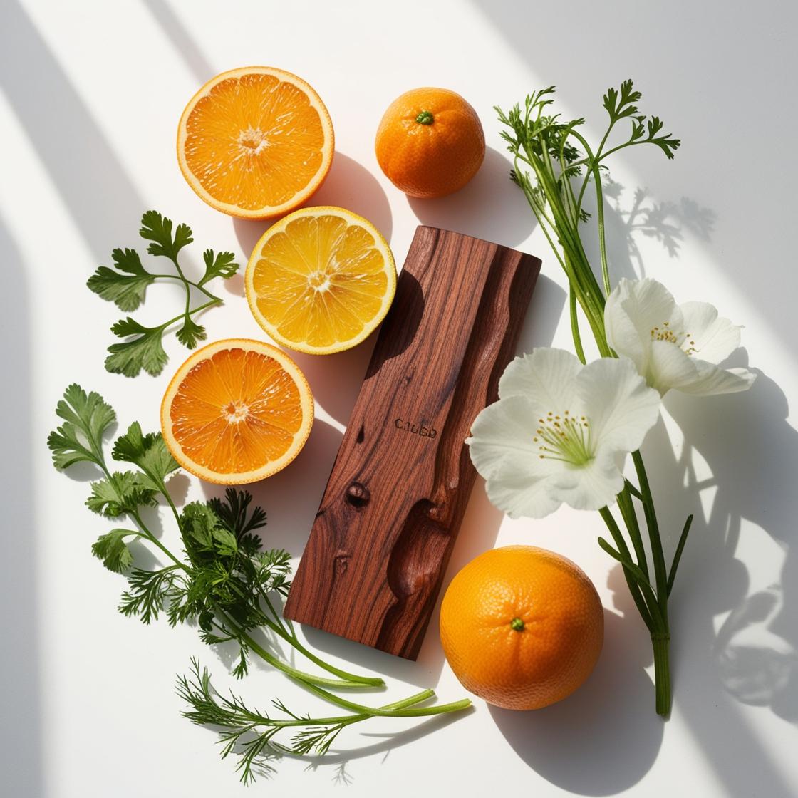 Madera, cilantro y cítricos representando las notas olfativas del perfume.