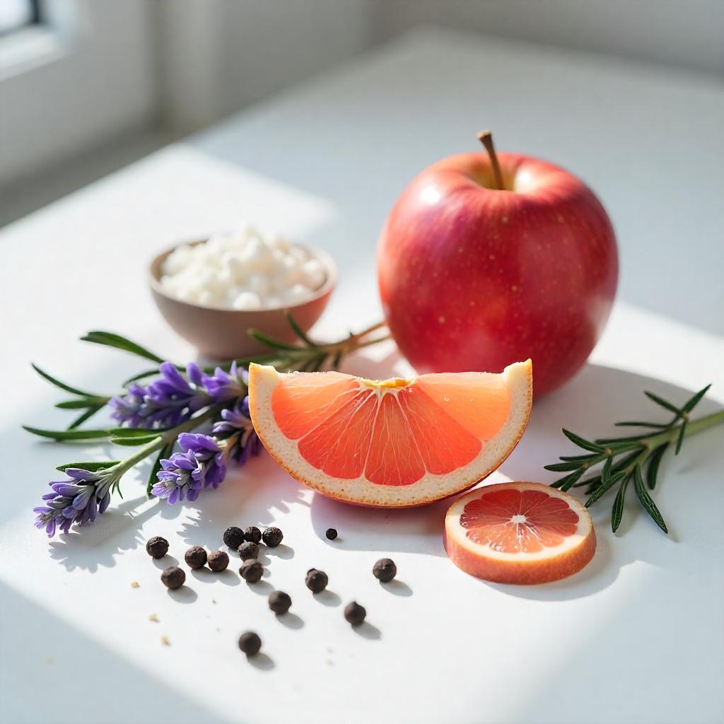 Manzana, lavanda y pimienta representando las notas olfativas del perfume.