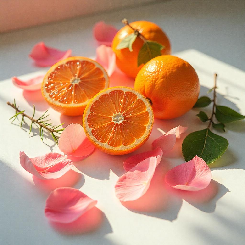 Mandarina y pétalos de rosa representando las notas olfativas del perfume.