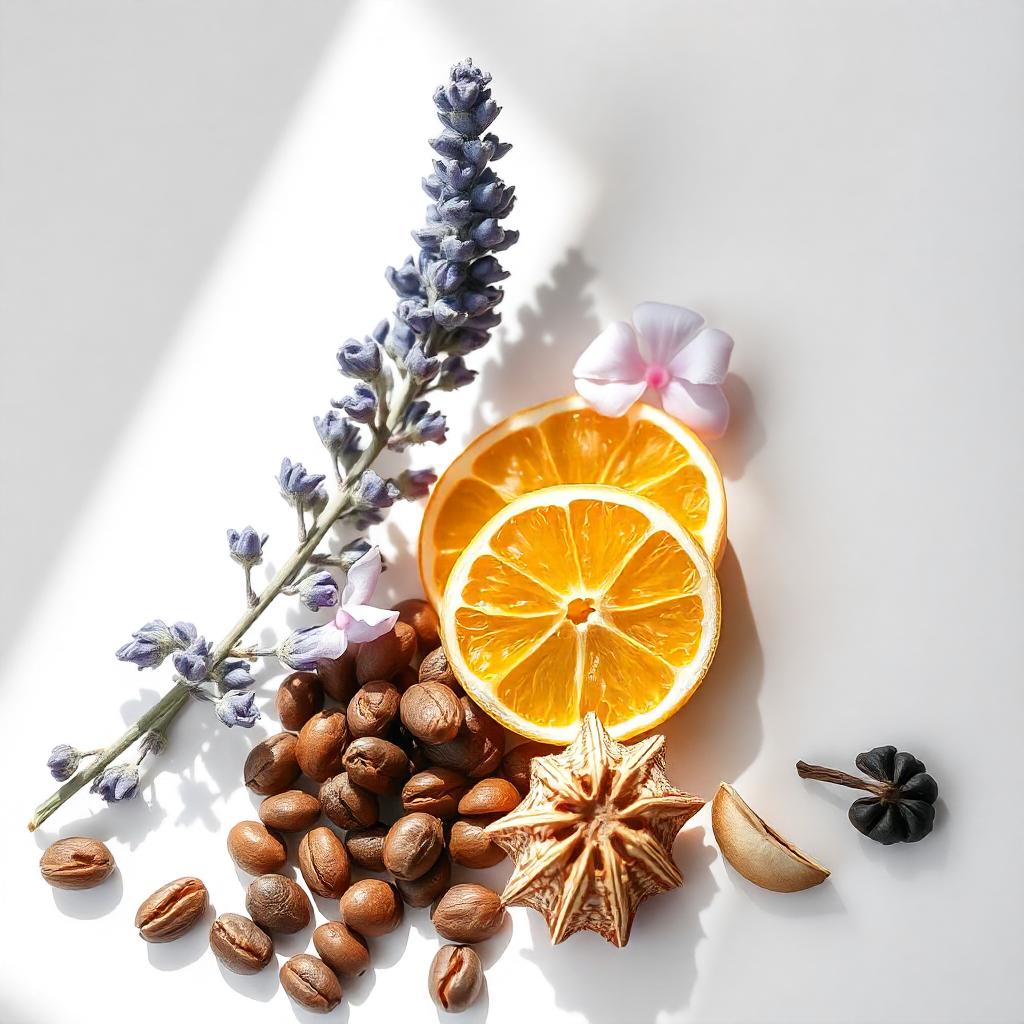 Mandarina, lavanda y granos de café representando las notas olfativas del perfume.