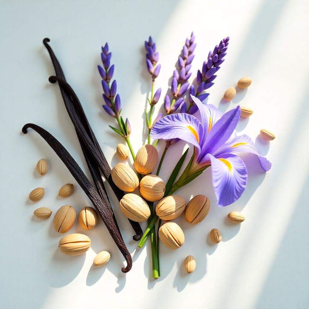 Lavanda, cardamomo y vainilla representando las notas olfativas del perfume.