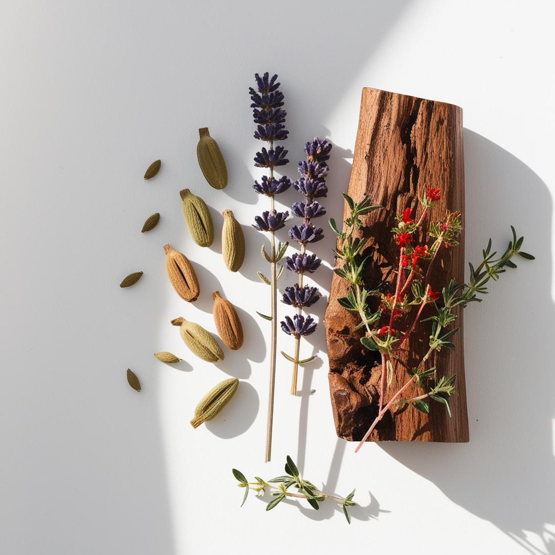 Tomillo rojo, lavanda y madera representando las notas olfativas del perfume.