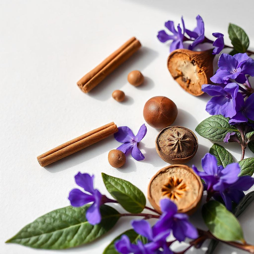 Lavanda, nuez y madera representando las notas olfativas del perfume.