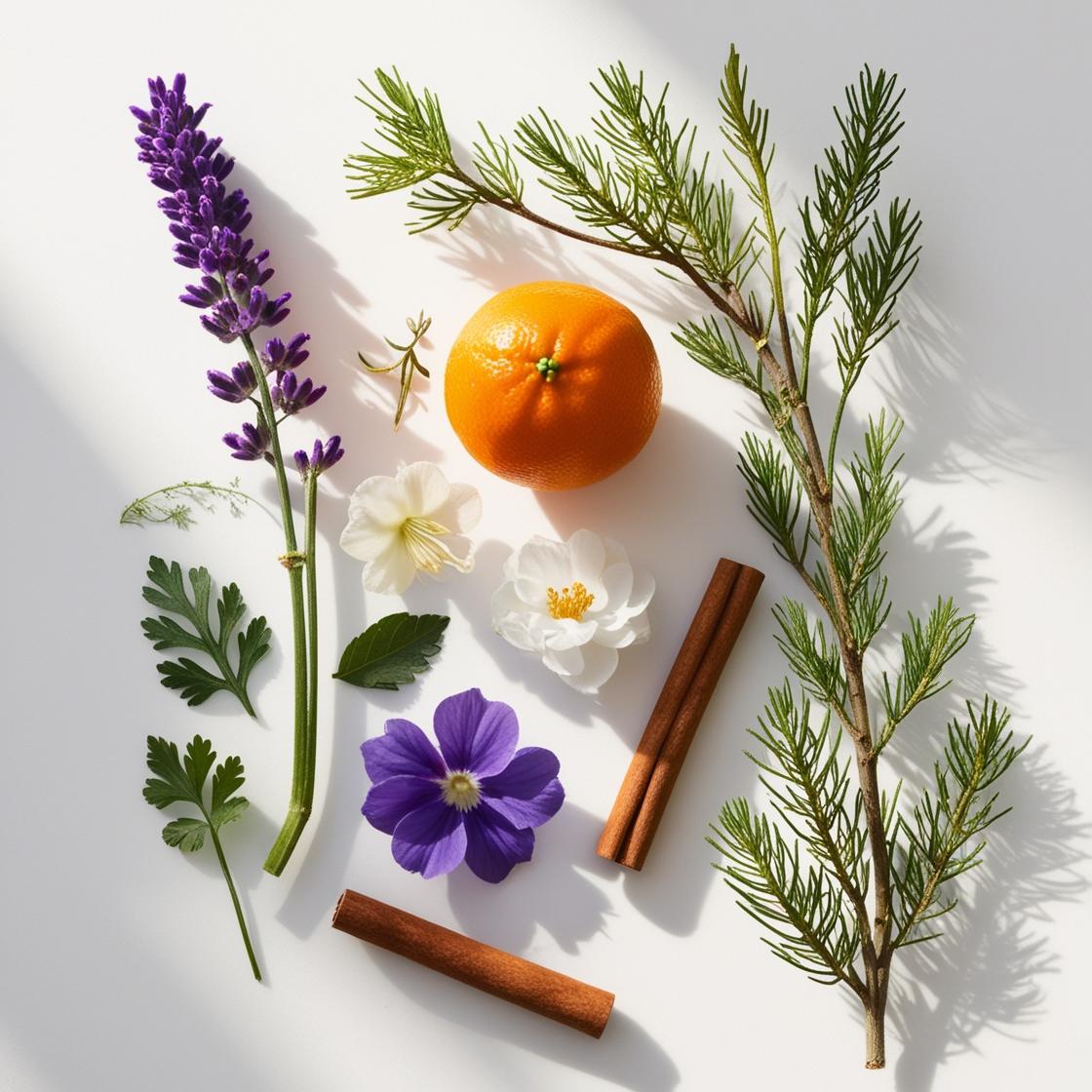 Mandarina, lavanda, violeta y canela representando las notas olfativas del perfume.