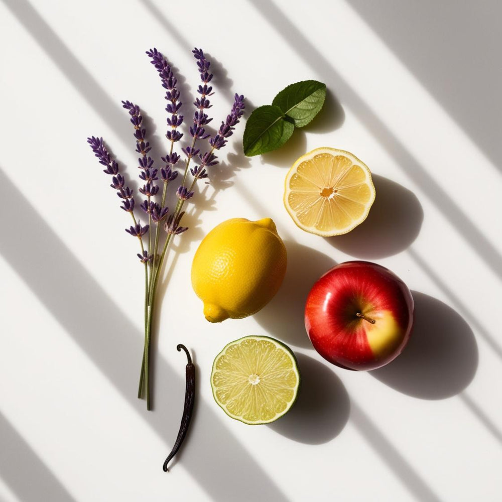 Lavanda, limón, lima y manzana representando las notas olfativas del perfume.