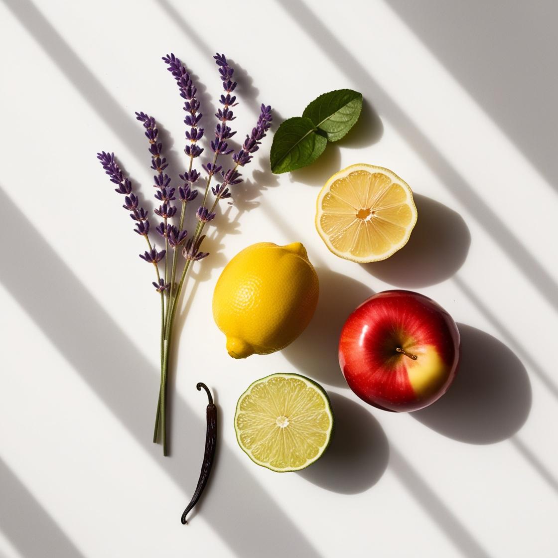 Lavanda, limón, lima y manzana representando las notas olfativas del perfume.