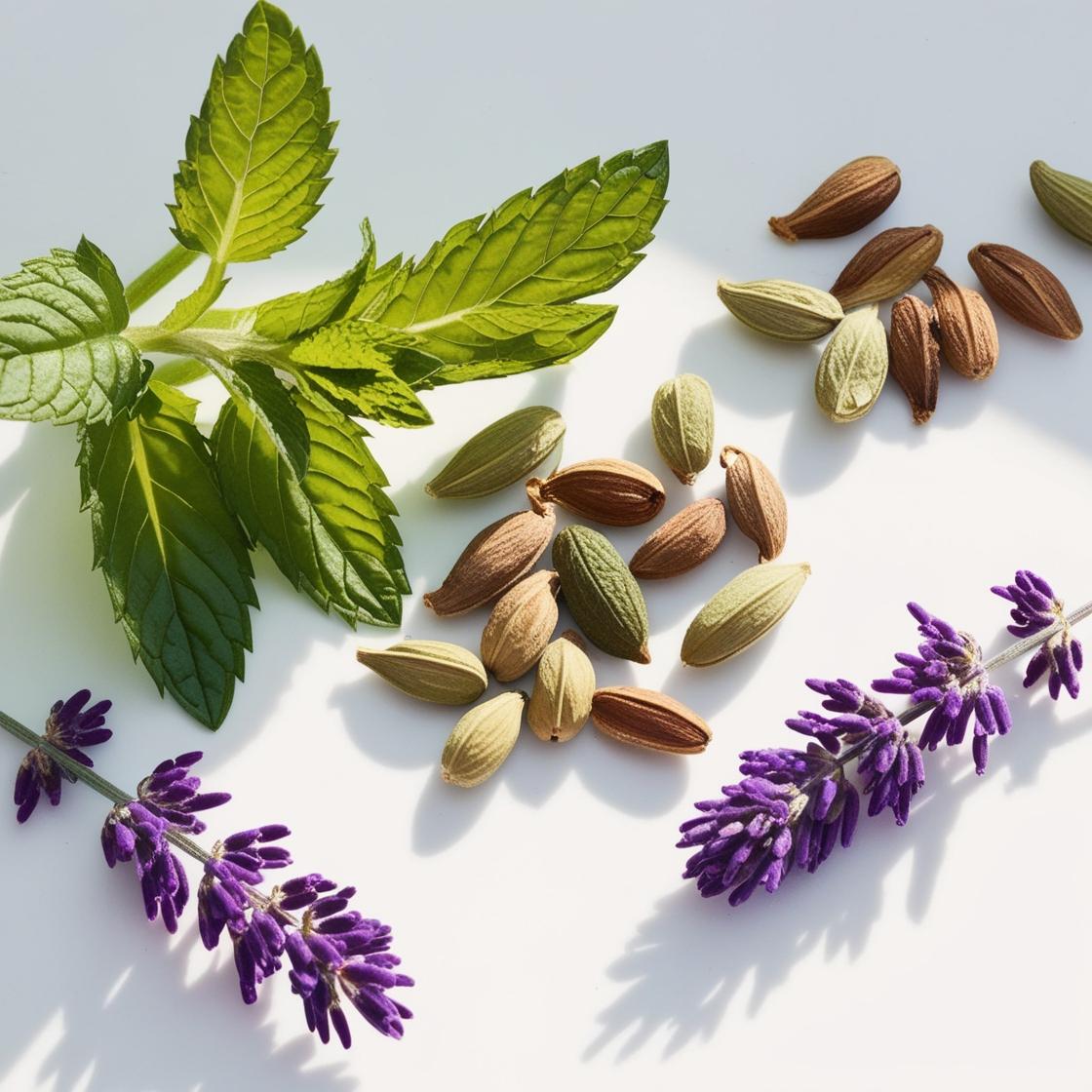 Bergamota, lavanda y menta representando las notas olfativas del perfume.